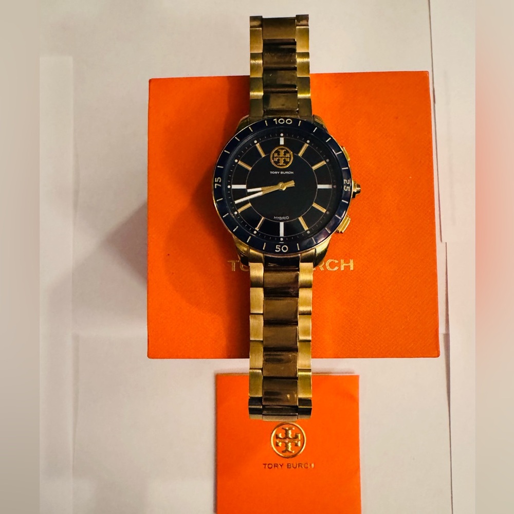 Navy Blue & Gold-Tone Tory Burch Watch. Gently used. Comes with Box & Cert